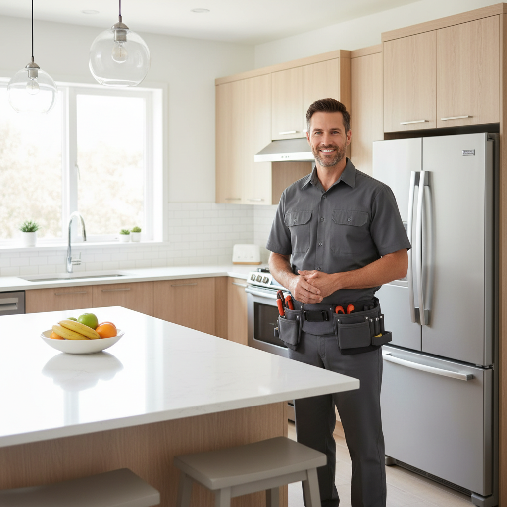 Smiling appliance repair technician in a modern kitchen